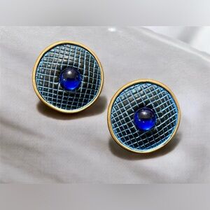 Vintage Blue and Gold Grid Earrings
